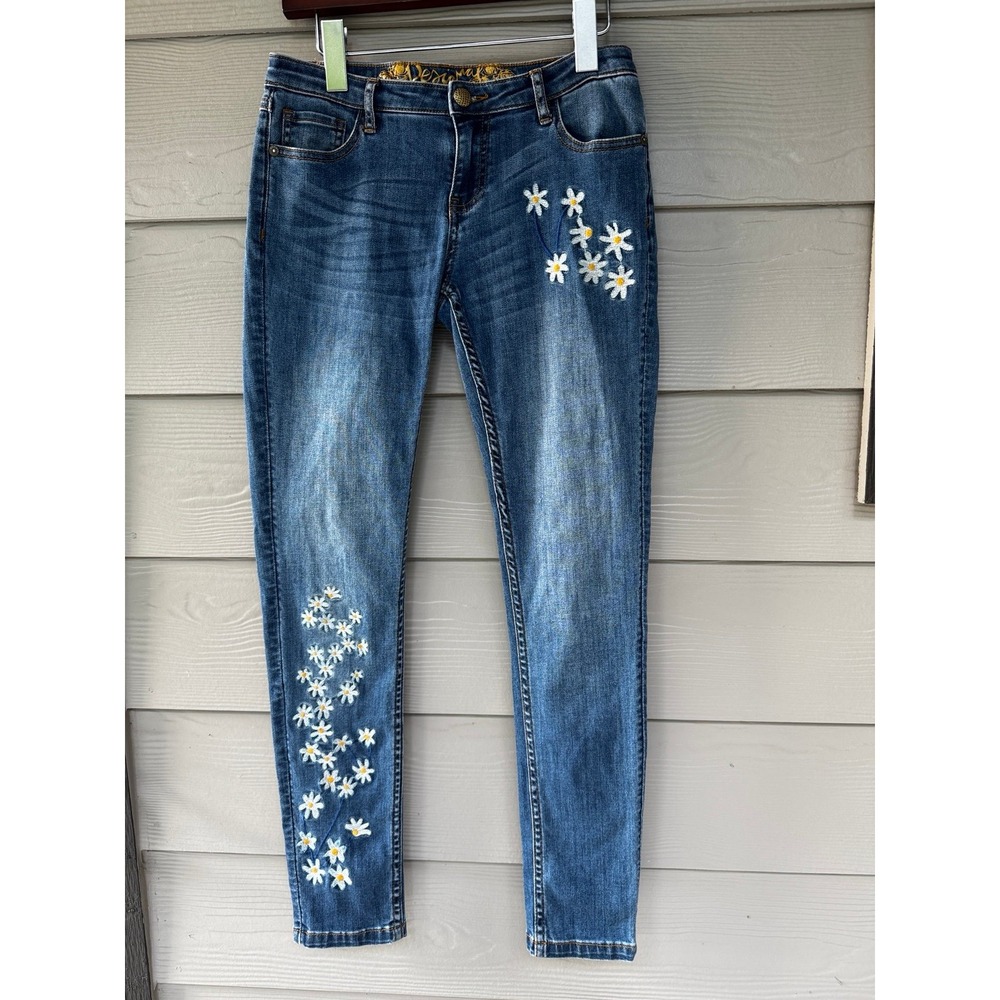 Desigual Exotic Jeans Size 26 Embroidered Daisy Floral Skinny Jeans Y2K Boho